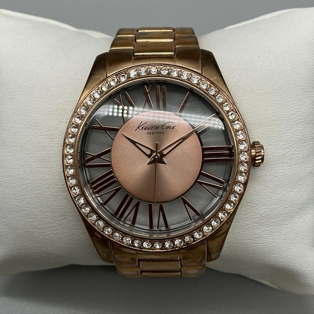 Kenneth Cole Womens Watch 40mm Rose Gold Dial Crystal Bezel New Battery 6.25